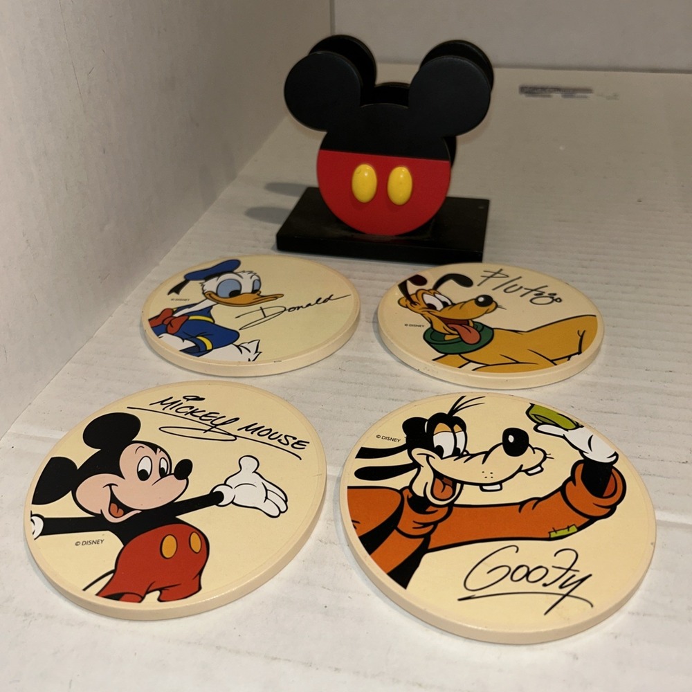 Disney Parks Mickey Mouse Friends Coaster Set With Holder Donald Goofy Pluto C1